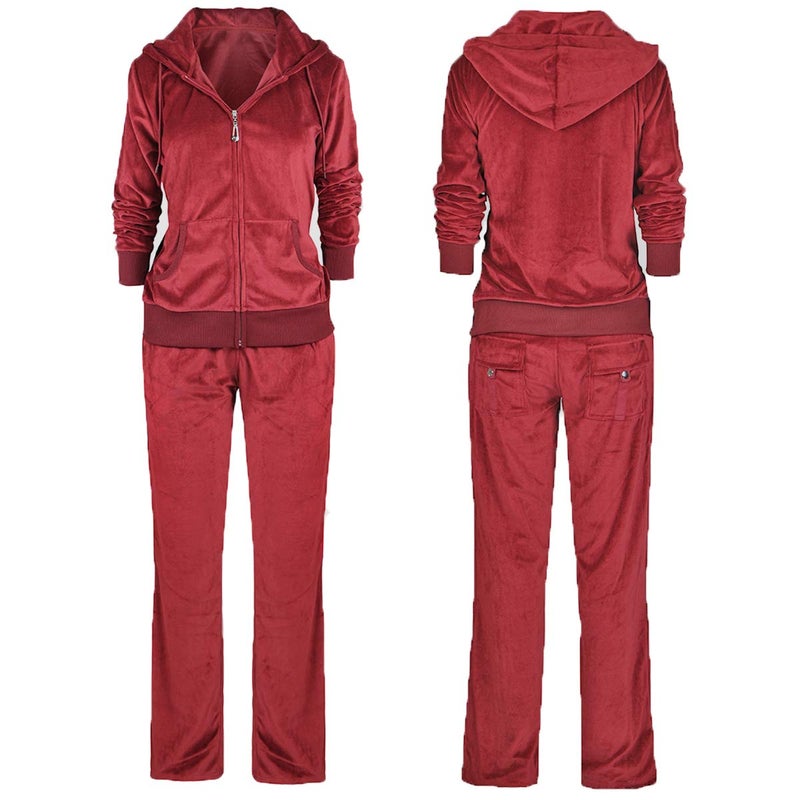 Facitisu Womens Velour Sweatsuit Solid TracksuitSet Hoodie and Pants Casual Zip Up Outfits Set Jogging Suit Small Brick Red - Image 4